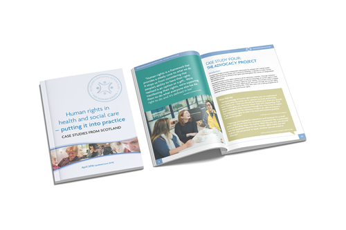Picture shows a mock up of an open report titles Human Rights Putting it into practice