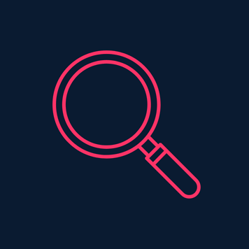 Outline of a red magnifying glass against a charcoal background