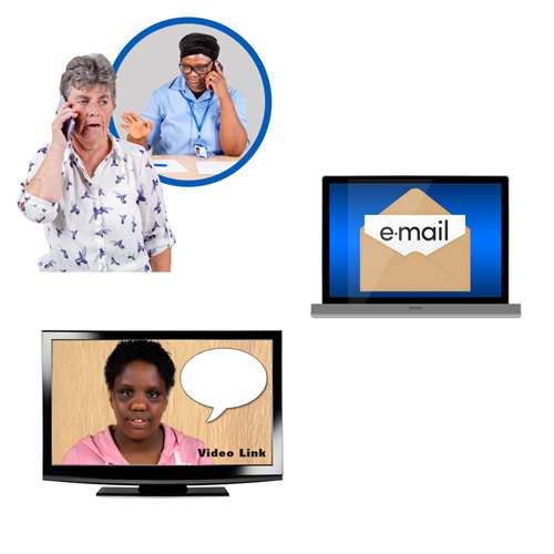 A woman on the phone, a laptop with an email on it and a woman on a video call