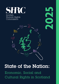 Front cover of the State of the Nation 2025 report on economic, social and cultural rights. Green map of Scotland surrounded by a magnifying glass