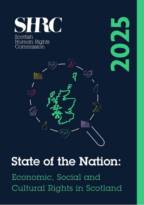 Front cover of the State of the Nation 2025 report on economic, social and cultural rights. Green map of Scotland surrounded by a magnifying glass