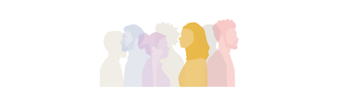 Multicoloured semi-transparent silhouettes of 5 people. One person is in focus: A silhouette in profile  of a yellow woman wearing a hijab.