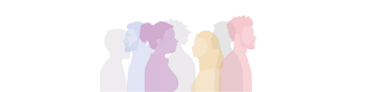 Multicoloured semi-transparent silhouettes of 5 people. One person is in focus: A silhouette in profile of a lilac woman wearing her hair in a bun and a shirt.