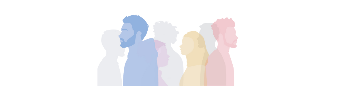 Multicoloured semi-transparent silhouettes of 5 people. One person is in focus: A silhouette in profile of a blue man with a beard in a hoodie
