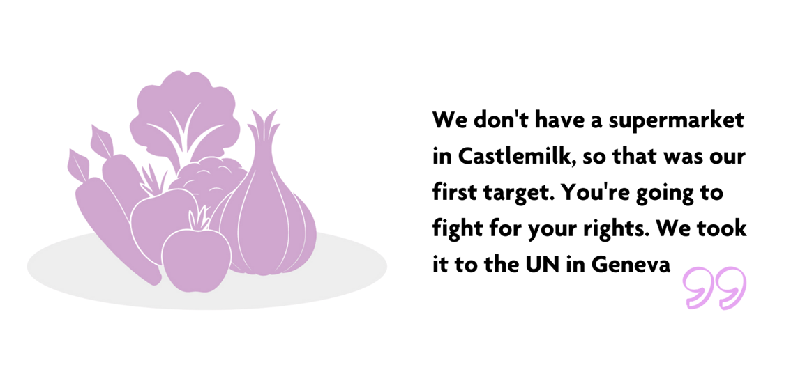 "We don't have a supermarket in Castlemilk, so that was our first target. You're going to fight for your rights. We took it to the UN in Geneva." Lilac graphic of vegetables including onions, carrots and broccoli.