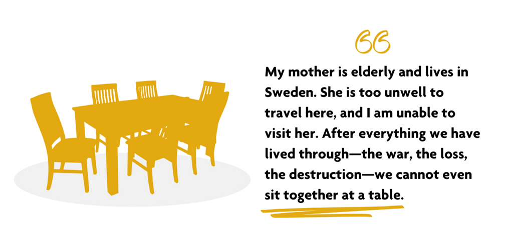 "My mother is elderly and lives in Sweden. She is too unwell to travel here, and I am unable to visit her. After everything we have lived through—the war, the loss, the destruction—we cannot even sit together at a table." Yellow dining table and chairs.