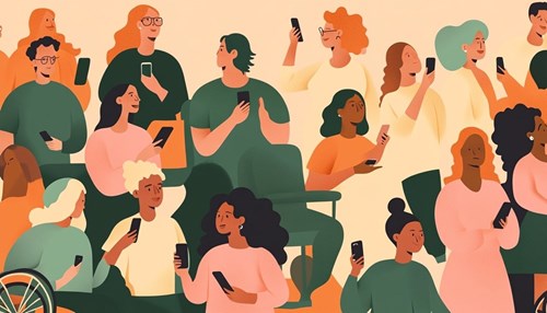 An illustration of a diverse group of people, including individuals of different genders, races, and abilities, all using digital devices.