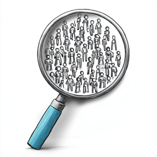An illustration of a magnifying glass focusing on a crowd of people, symbolising research and analysis into how digital policies in Scotland can better address poverty and uphold human rights.