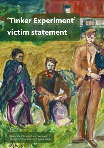 'Tinker Experiment' victim statement. Painting depicts three adults in rural Scotland. A woman in a tartan shawl, a man with a baby by his legs and another man playing the bagpipes. The painting by artist, Gypsy Traveller and Tinker Experiment victim Shamus Phee is called "no man's land"