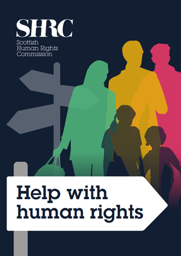 Front cover of a booklet. Multicoloured silhouettes of people against a dark blue background. A White road sign says "Help with human rights"