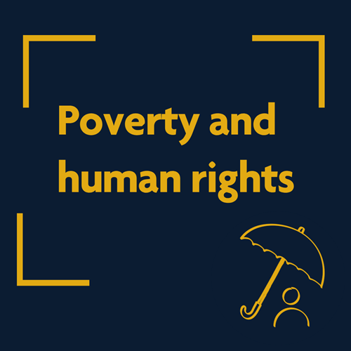 Dark background, yellow text "poverty and human rights spotlight project". A yellow outline of a person under an umbrella.