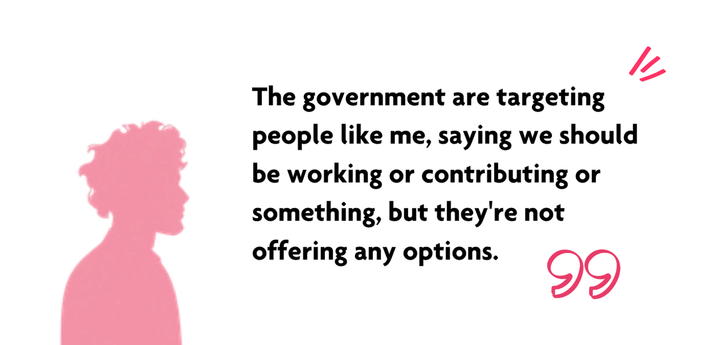 Quote from Donald's story, "The government are targeting people like me, saying we should be working or contributing or something, but they're not offering any options." Multicoloured semi-transparent silhouettes of 5 people. One person in focus: A red silhouette of a man with curly hair in profile.